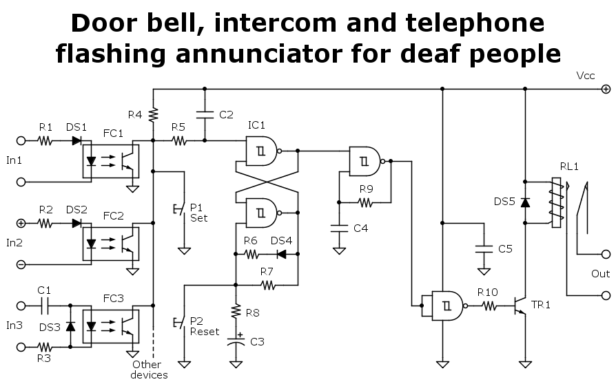 Electronic scheme of door bell, intercom and telephone flashing annunciator for deaf people