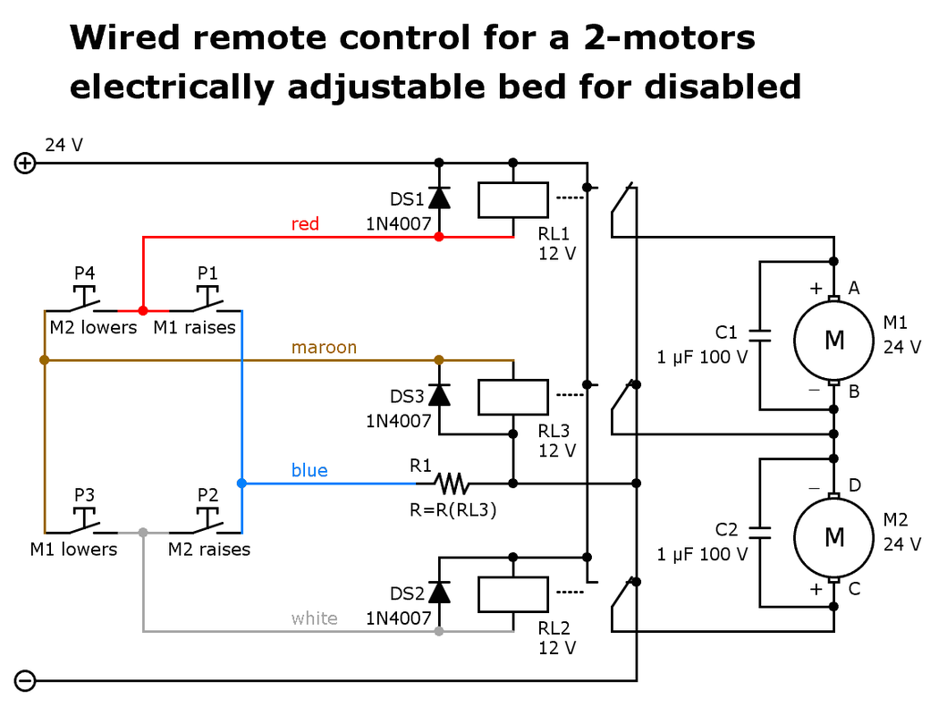 Electronic scheme of wired remote control for a 2-motors electrically adjustable bed for disabled